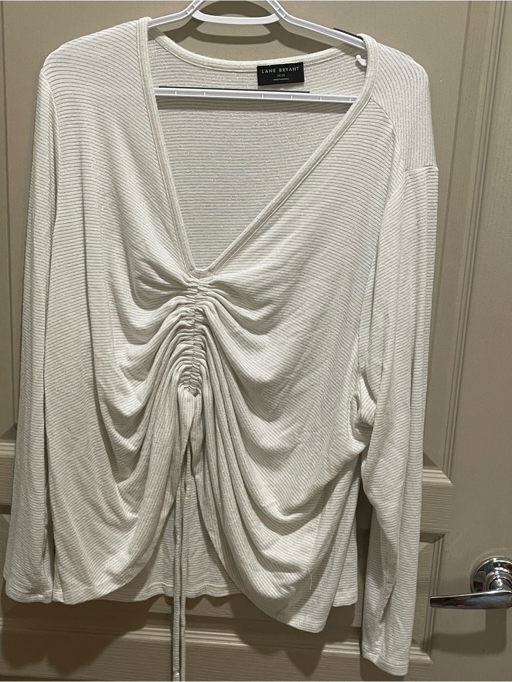 Lane Bryant Ivory Ruched V-Neck Drawstring Long Sleeve Top